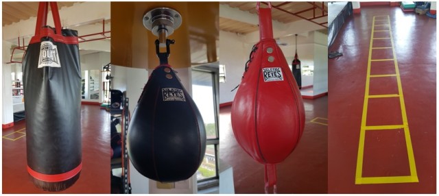 (L-R) Punching bag, speed ball, hanging ball, improvised agility ladder